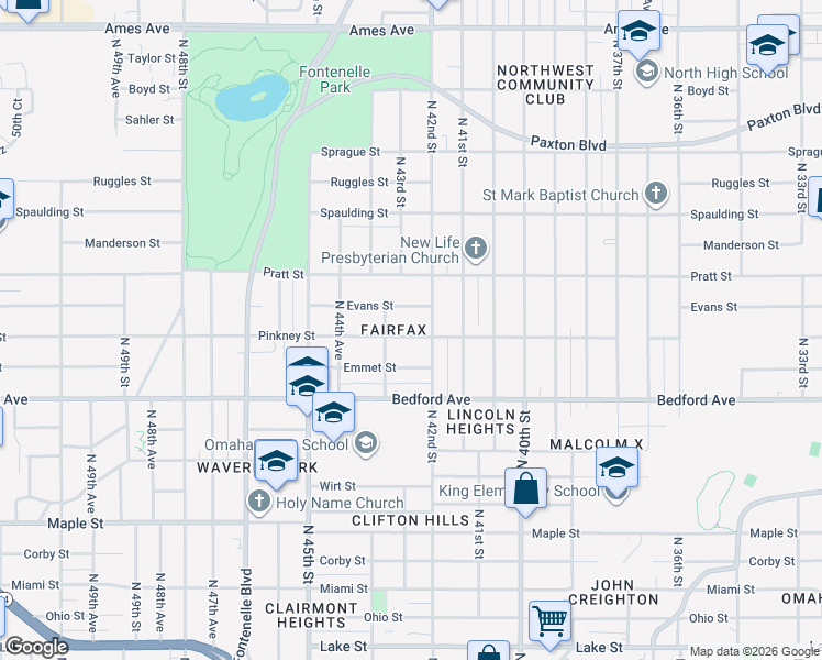 map of restaurants, bars, coffee shops, grocery stores, and more near 3424 North 42nd Street in Omaha