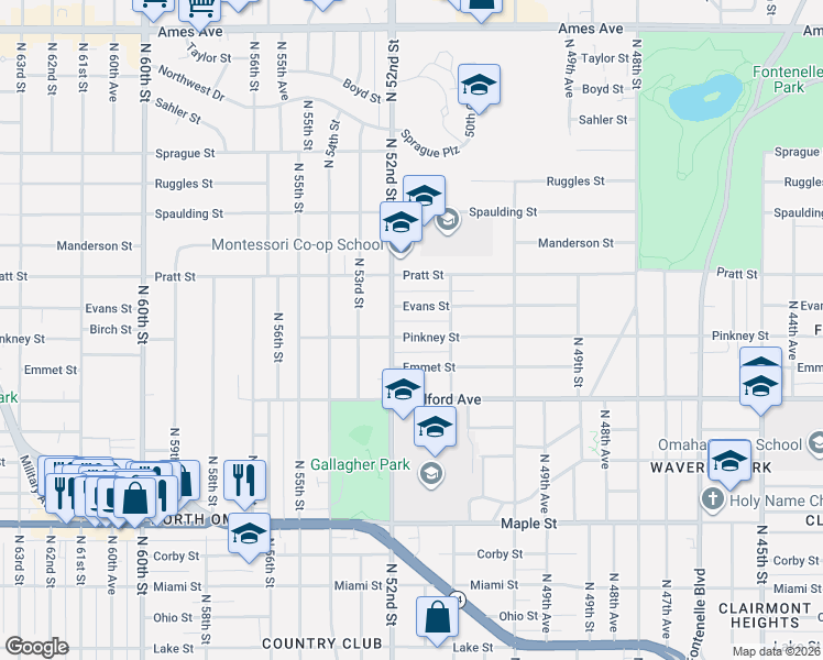 map of restaurants, bars, coffee shops, grocery stores, and more near 5125 Pinkney Street in Omaha