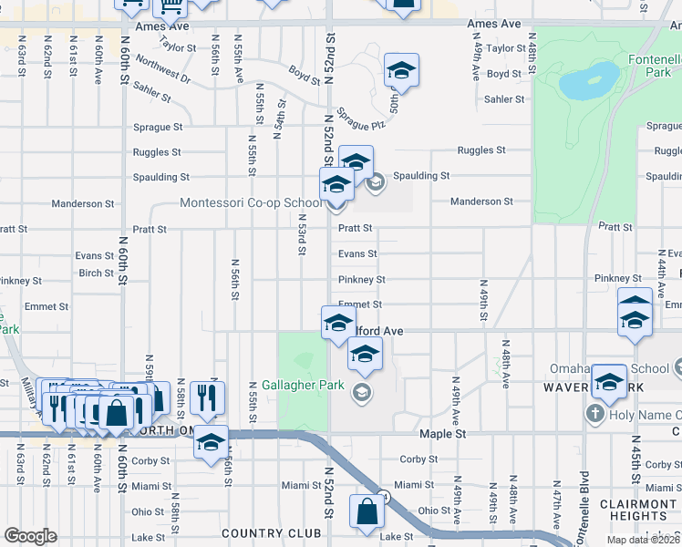 map of restaurants, bars, coffee shops, grocery stores, and more near 5125 Pinkney Street in Omaha