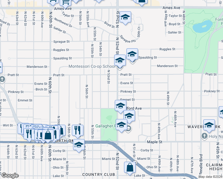 map of restaurants, bars, coffee shops, grocery stores, and more near 3424 North 52nd Street in Omaha