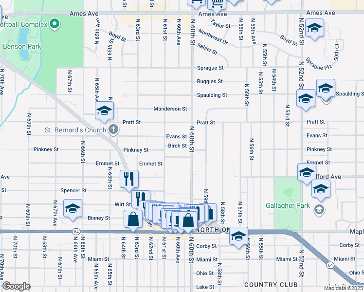 map of restaurants, bars, coffee shops, grocery stores, and more near 6017 Birch Street in Omaha