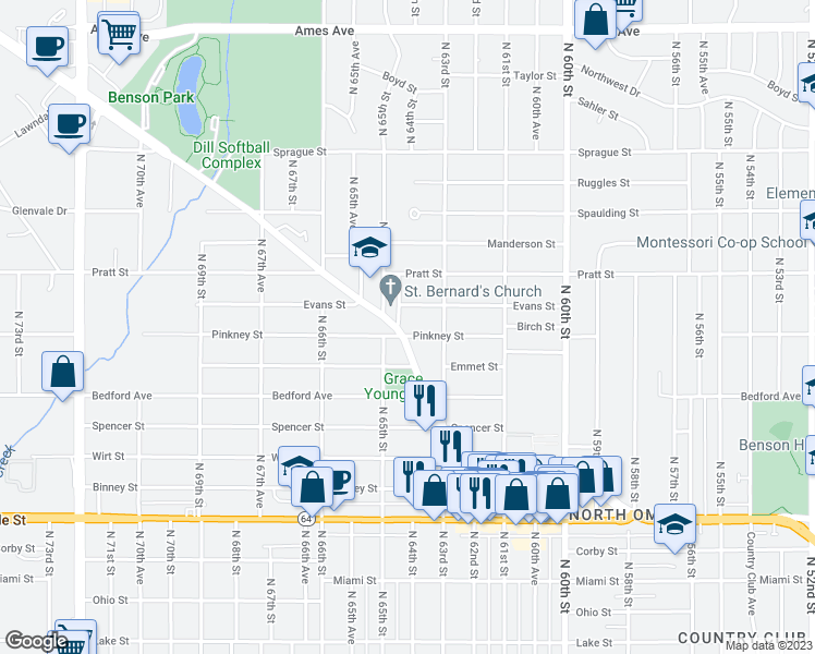 map of restaurants, bars, coffee shops, grocery stores, and more near 6322 Pinkney Street in Omaha