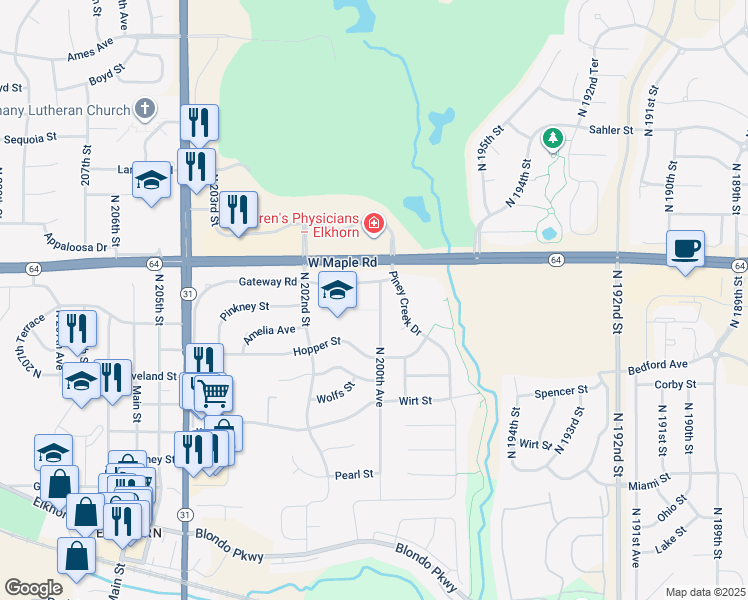 map of restaurants, bars, coffee shops, grocery stores, and more near 3512 North 200th Avenue in Omaha