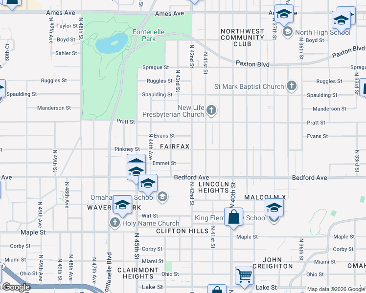 map of restaurants, bars, coffee shops, grocery stores, and more near 3424 North 42nd Street in Omaha