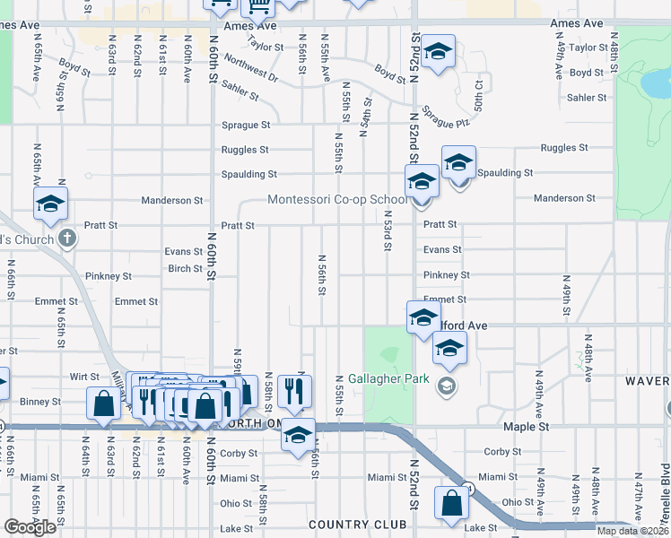 map of restaurants, bars, coffee shops, grocery stores, and more near 3508 North 55th Street in Omaha