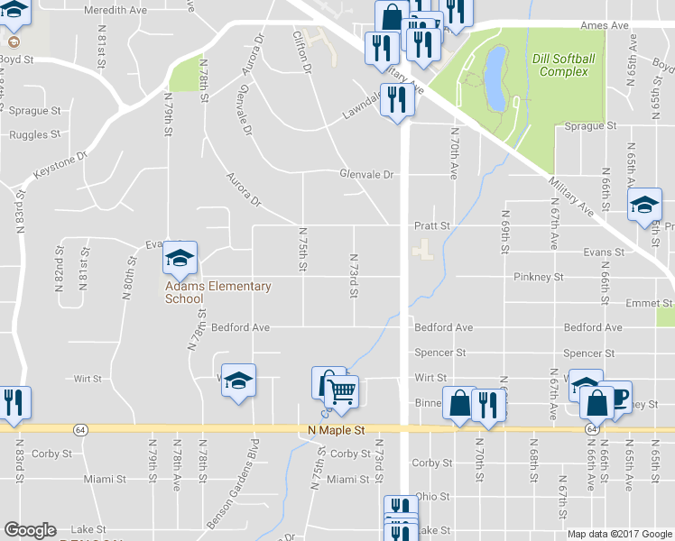 map of restaurants, bars, coffee shops, grocery stores, and more near 7314 Pinkney Street in Omaha