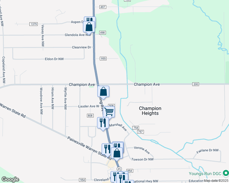 map of restaurants, bars, coffee shops, grocery stores, and more near 138 Champion Avenue East in Warren