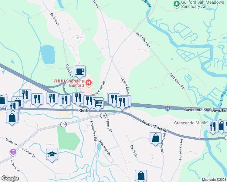 map of restaurants, bars, coffee shops, grocery stores, and more near 128 Tanner Marsh Road in Guilford
