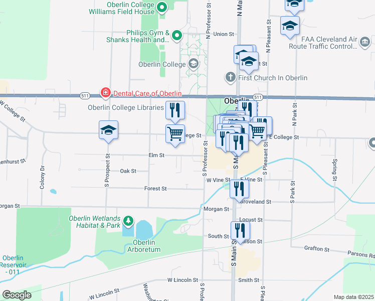 map of restaurants, bars, coffee shops, grocery stores, and more near 122 Elm Street in Oberlin