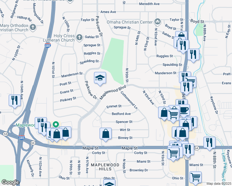 map of restaurants, bars, coffee shops, grocery stores, and more near 3645 Maplewood Boulevard in Omaha