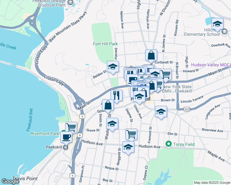 map of restaurants, bars, coffee shops, grocery stores, and more near 807 Main Street in Peekskill