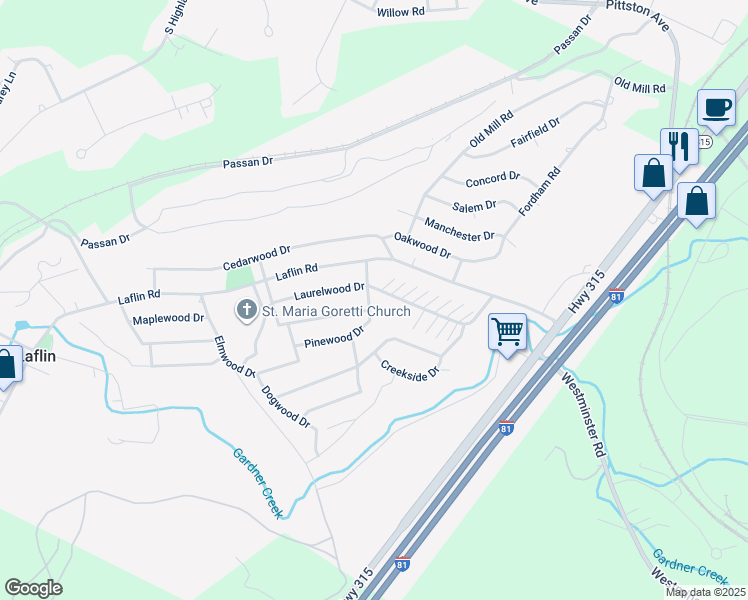 map of restaurants, bars, coffee shops, grocery stores, and more near 72 Pinewood Drive in Wilkes-Barre