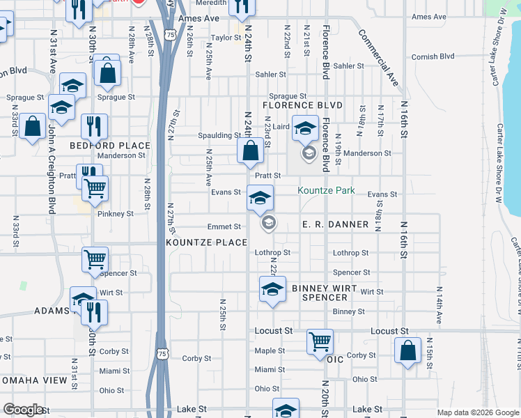 map of restaurants, bars, coffee shops, grocery stores, and more near 2212 Pinkney Street in Omaha