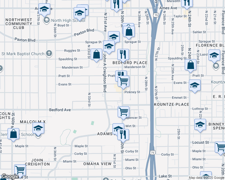 map of restaurants, bars, coffee shops, grocery stores, and more near 3028 Pinkney Street in Omaha