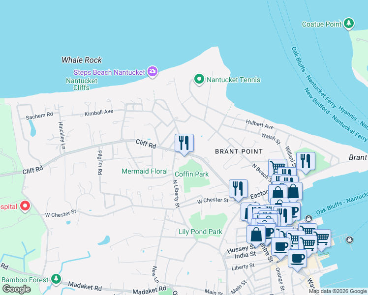 map of restaurants, bars, coffee shops, grocery stores, and more near 2 Cabot Lane in Nantucket