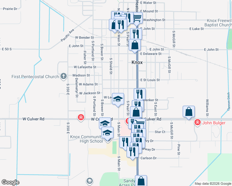 map of restaurants, bars, coffee shops, grocery stores, and more near West Leo Street in Knox