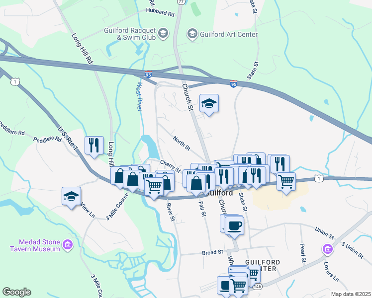 map of restaurants, bars, coffee shops, grocery stores, and more near 88 North Street in Guilford