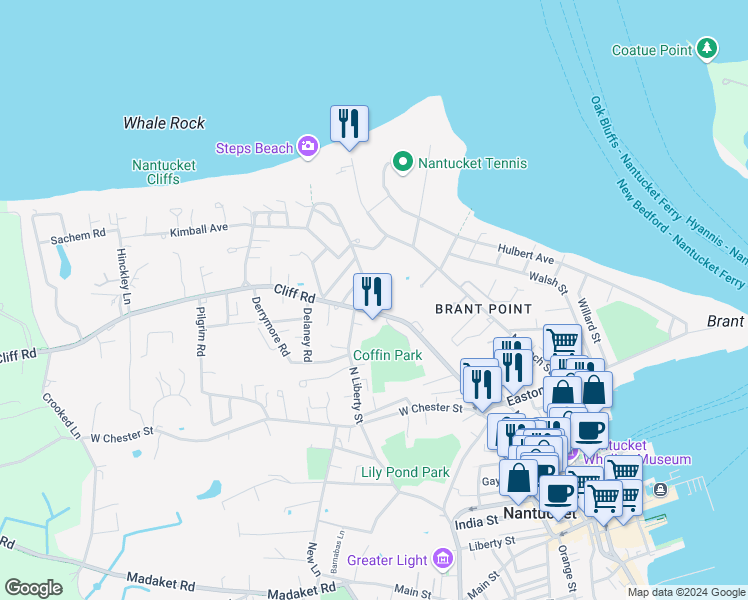 map of restaurants, bars, coffee shops, grocery stores, and more near 51 Cliff Road in Nantucket