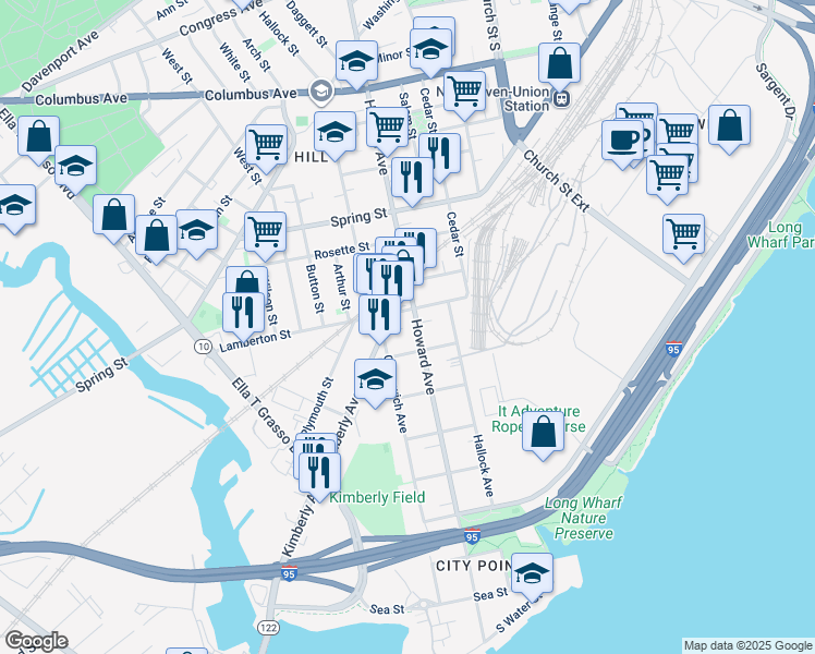 map of restaurants, bars, coffee shops, grocery stores, and more near 455 Greenwich Avenue in New Haven