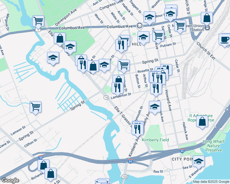 map of restaurants, bars, coffee shops, grocery stores, and more near 55 Morris Street in New Haven