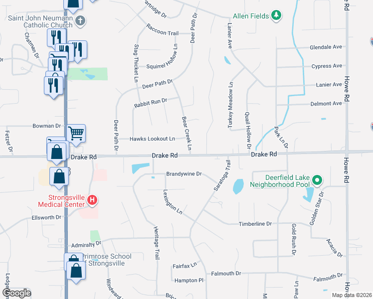 map of restaurants, bars, coffee shops, grocery stores, and more near 17682 Drake Road in Strongsville