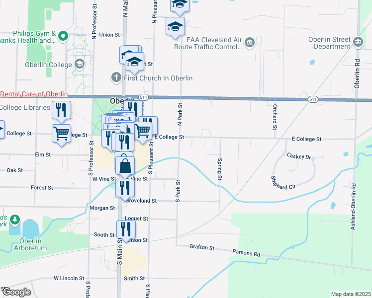 map of restaurants, bars, coffee shops, grocery stores, and more near 143 East College Street in Oberlin