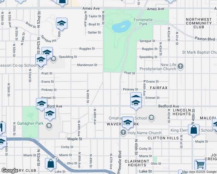 map of restaurants, bars, coffee shops, grocery stores, and more near 3425 North 48th Street in Omaha