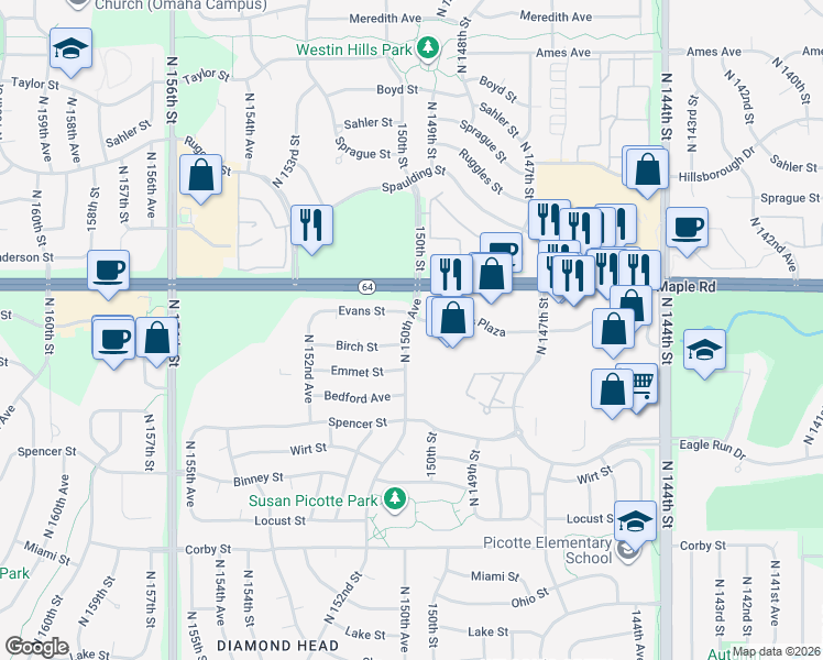 map of restaurants, bars, coffee shops, grocery stores, and more near 3509 North 150th Avenue in Omaha