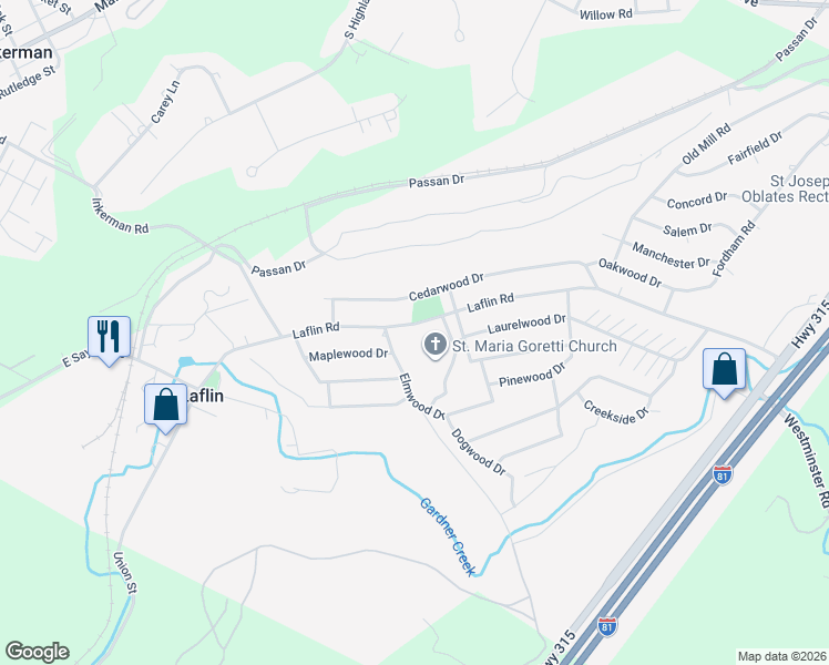 map of restaurants, bars, coffee shops, grocery stores, and more near 89 E Ashwood Dr in Wilkes-Barre