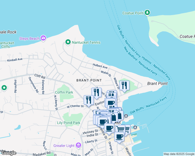map of restaurants, bars, coffee shops, grocery stores, and more near 22 Brant Point Road in Nantucket
