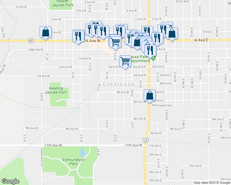 map of restaurants, bars, coffee shops, grocery stores, and more near 600 South D Street in Oskaloosa