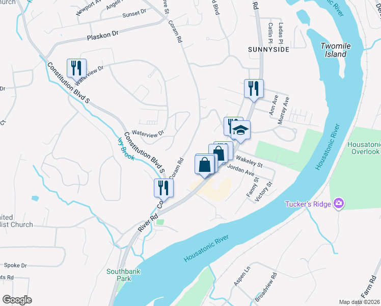 map of restaurants, bars, coffee shops, grocery stores, and more near 253 Coram Road in Shelton