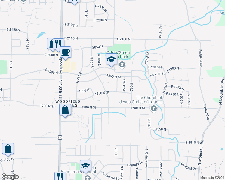 map of restaurants, bars, coffee shops, grocery stores, and more near 612 East 1750 North in Ogden
