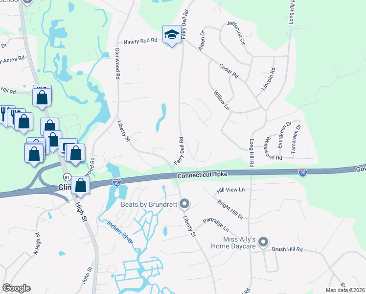 map of restaurants, bars, coffee shops, grocery stores, and more near 16 Oak Hill Drive in Clinton