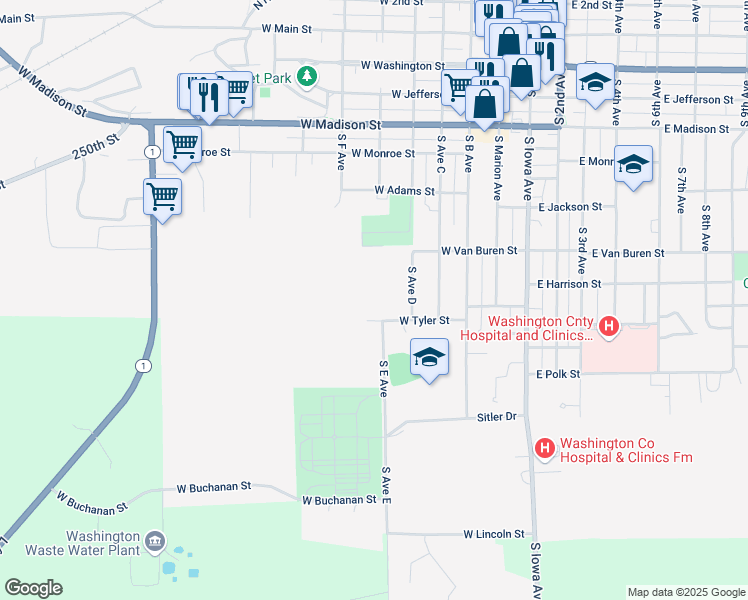 map of restaurants, bars, coffee shops, grocery stores, and more near 600 West Tyler Street in Washington