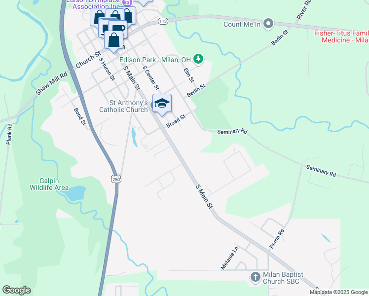 map of restaurants, bars, coffee shops, grocery stores, and more near 200 South Main Street in Milan