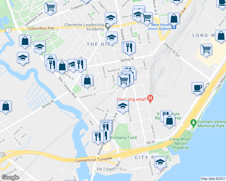 map of restaurants, bars, coffee shops, grocery stores, and more near 99 Lamberton St in New Haven