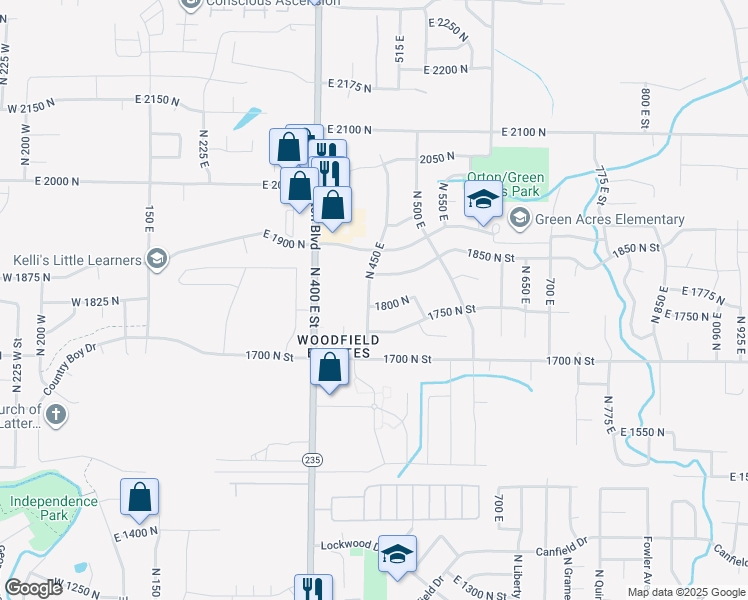 map of restaurants, bars, coffee shops, grocery stores, and more near 1814 North 450 East in Ogden