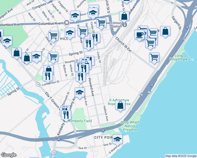 map of restaurants, bars, coffee shops, grocery stores, and more near 41 1st Street in New Haven