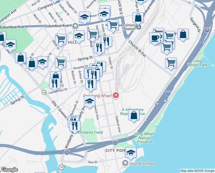 map of restaurants, bars, coffee shops, grocery stores, and more near 41 1st Street in New Haven