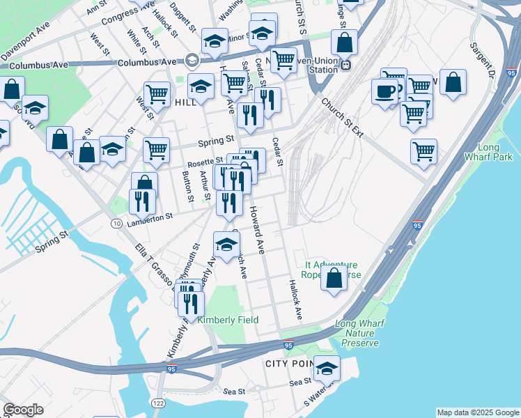 map of restaurants, bars, coffee shops, grocery stores, and more near 41 1st Street in New Haven