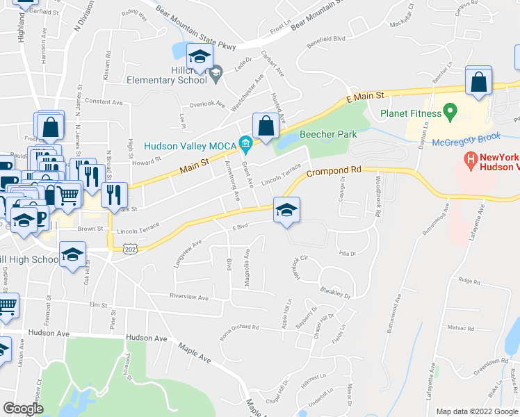 map of restaurants, bars, coffee shops, grocery stores, and more near 1603 Crompond Road in Peekskill