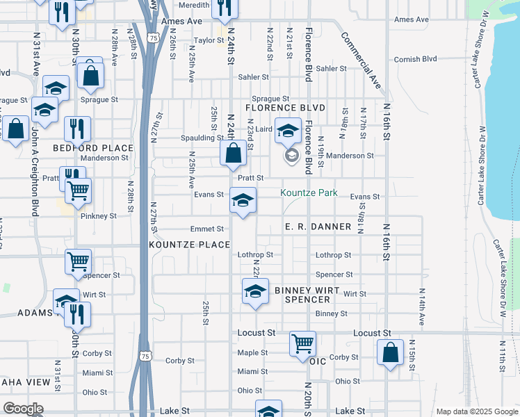 map of restaurants, bars, coffee shops, grocery stores, and more near 2115 Pinkney Street in Omaha