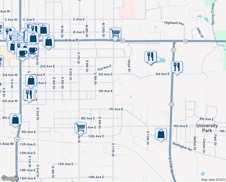 map of restaurants, bars, coffee shops, grocery stores, and more near 1098 5th Ave E in Oskaloosa