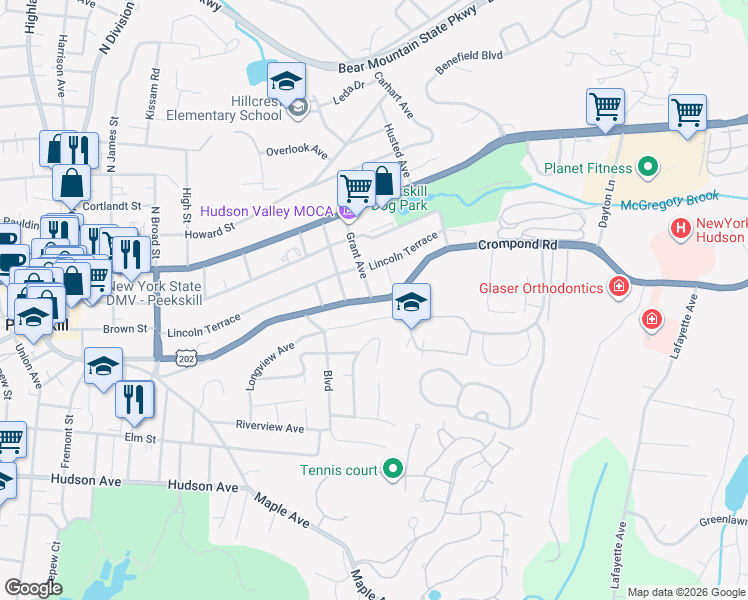 map of restaurants, bars, coffee shops, grocery stores, and more near 1603 Crompond Road in Peekskill