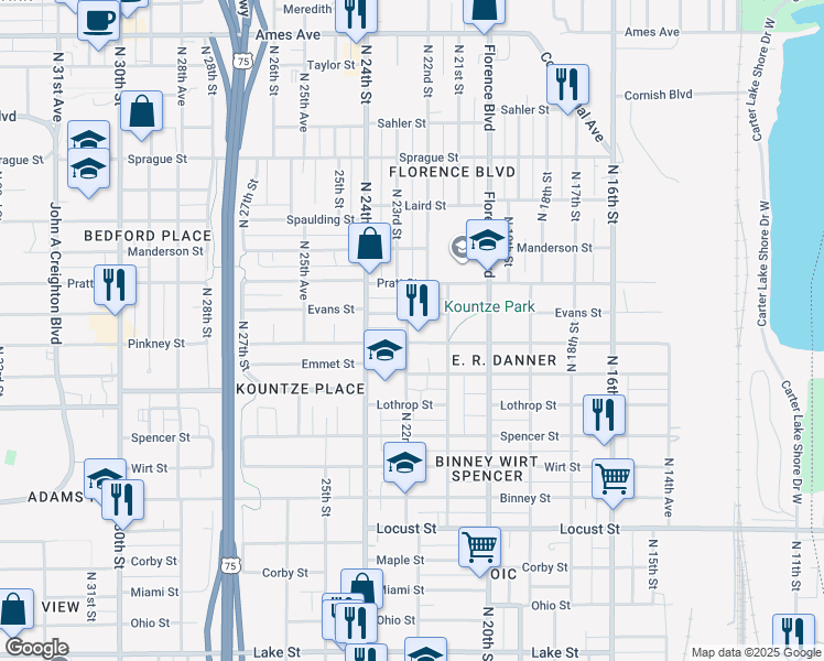 map of restaurants, bars, coffee shops, grocery stores, and more near 2115 Pinkney Street in Omaha