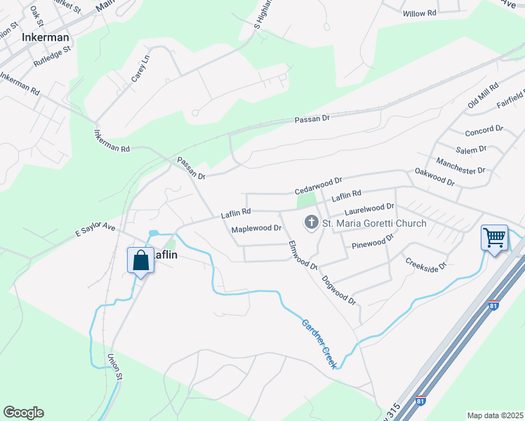 map of restaurants, bars, coffee shops, grocery stores, and more near Laflin Road in Bear Creek Village