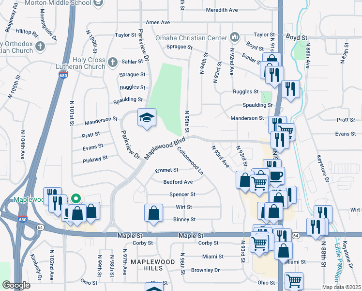 map of restaurants, bars, coffee shops, grocery stores, and more near 3426 Cottonwood Lane in Omaha