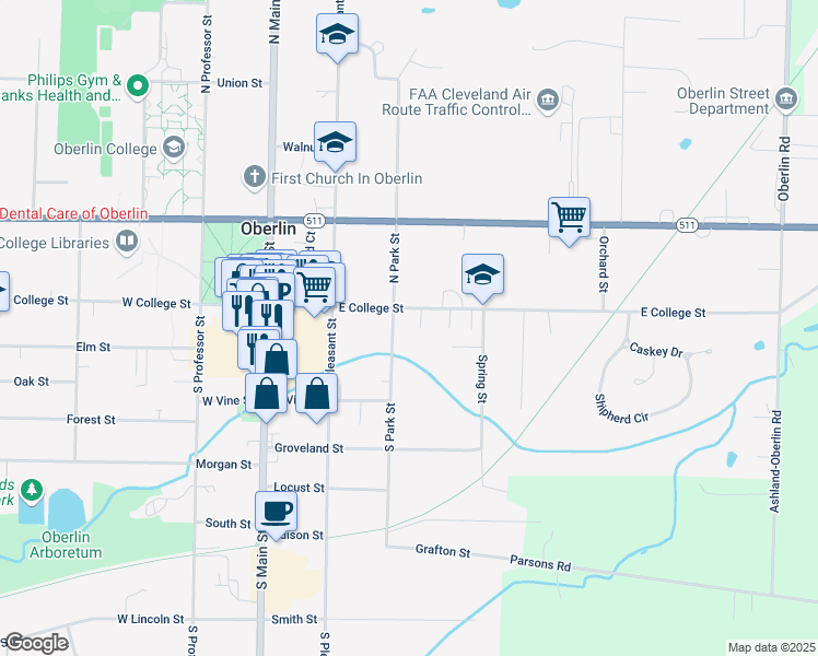 map of restaurants, bars, coffee shops, grocery stores, and more near 143 East College Street in Oberlin
