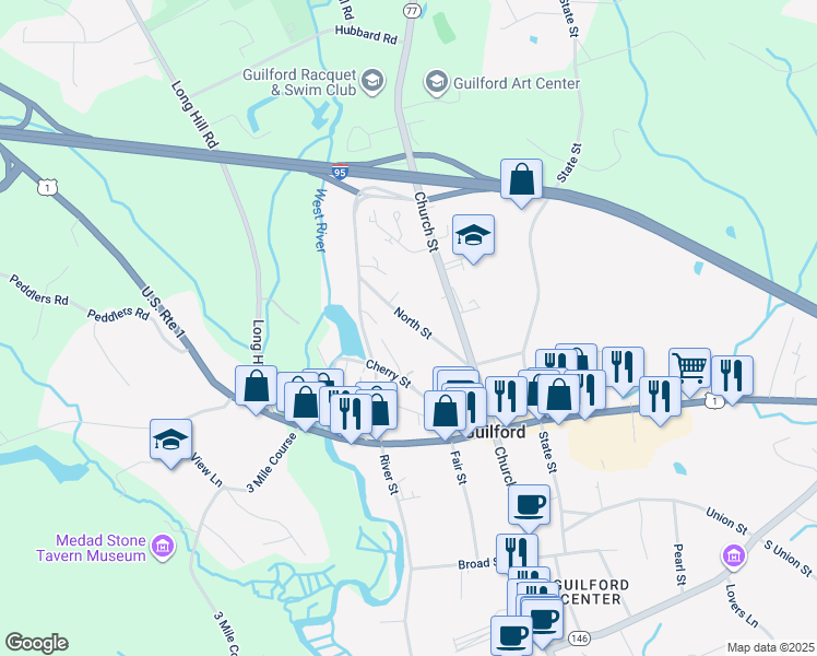 map of restaurants, bars, coffee shops, grocery stores, and more near 88 North Street in Guilford